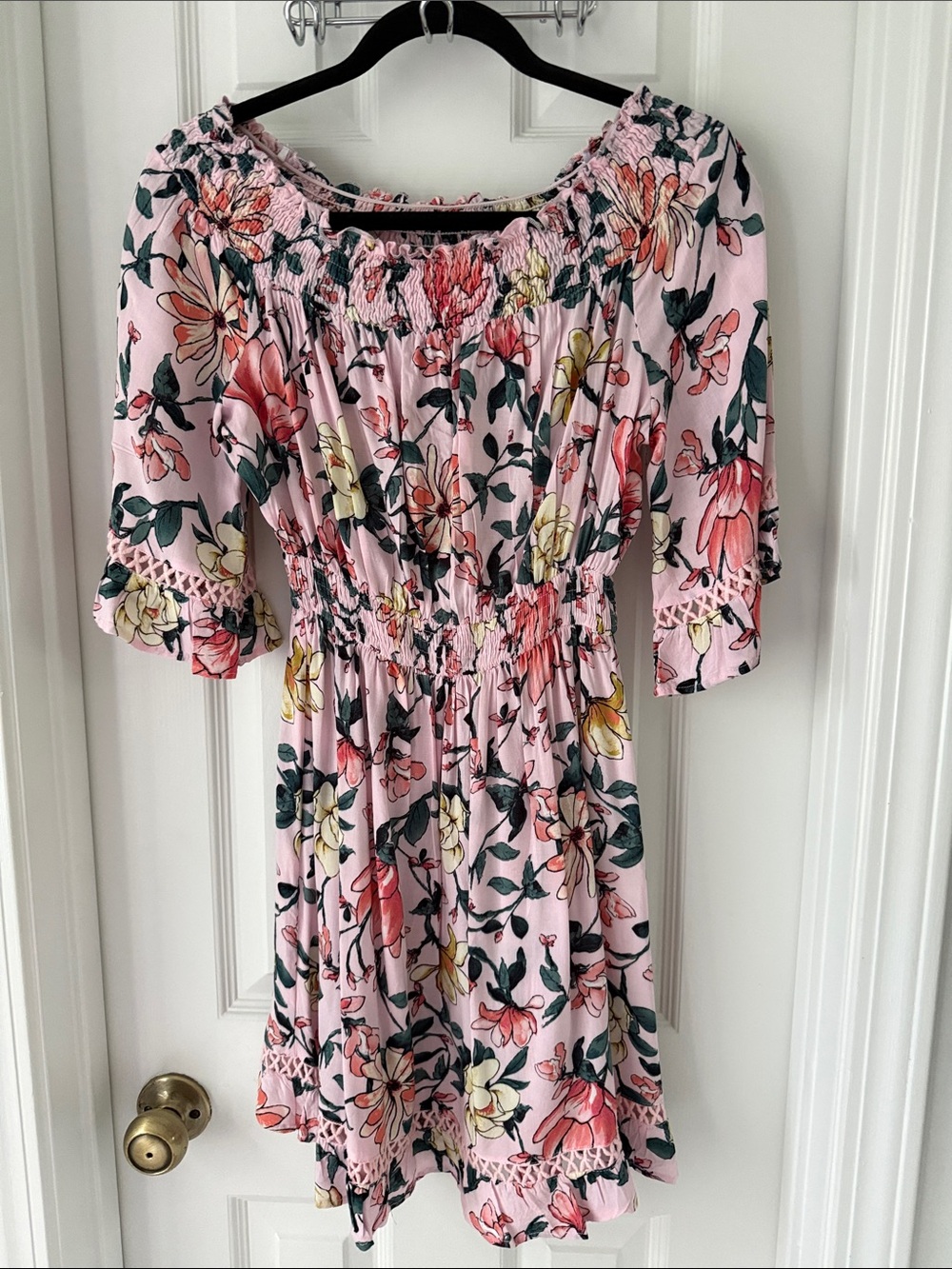 Lulu’s Pink Floral Off-Shoulder Smocked Dress